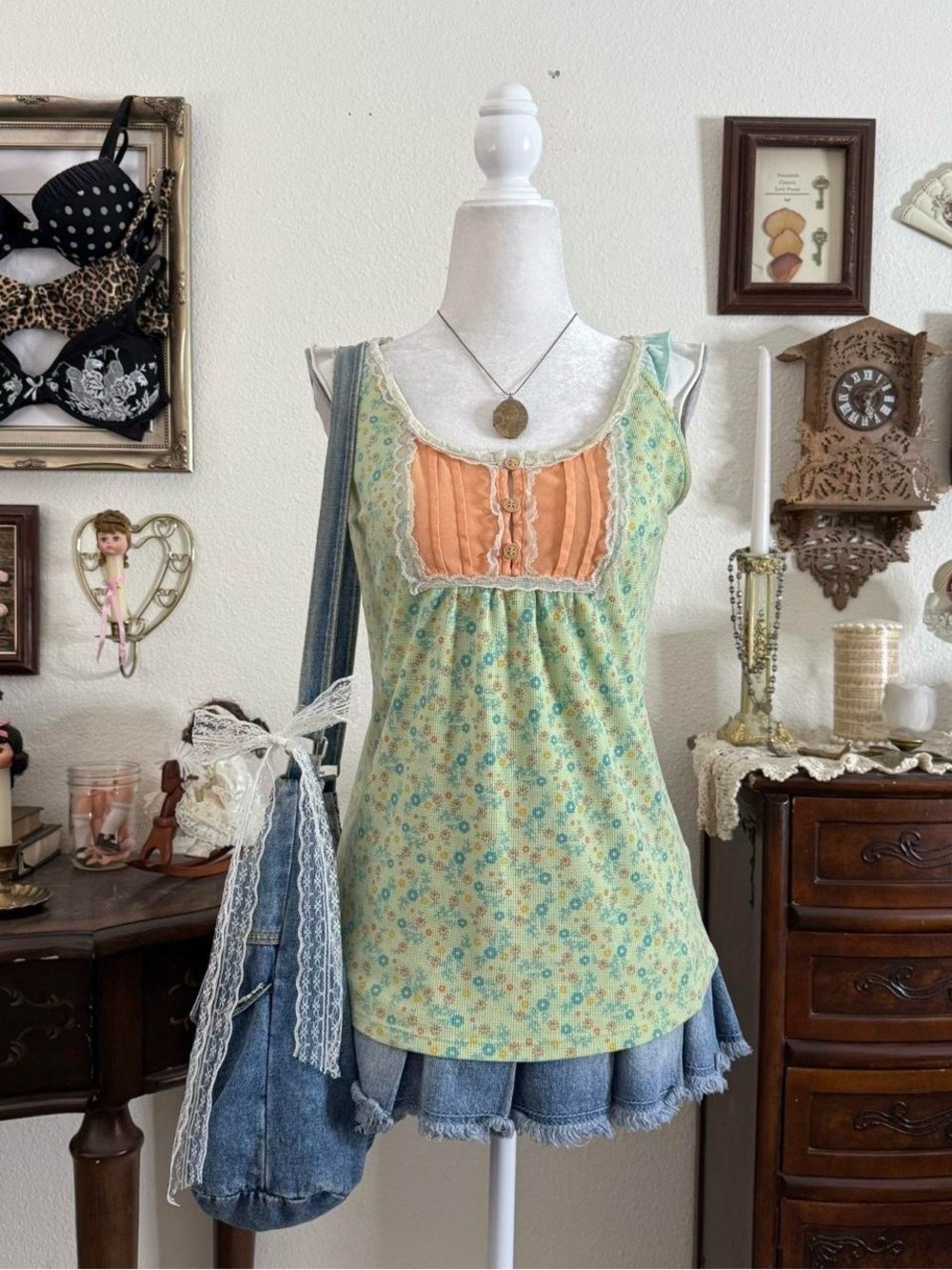 Y2k dainty quirky whimsical boho floral patchwork milkmaid thermal top w lace tr